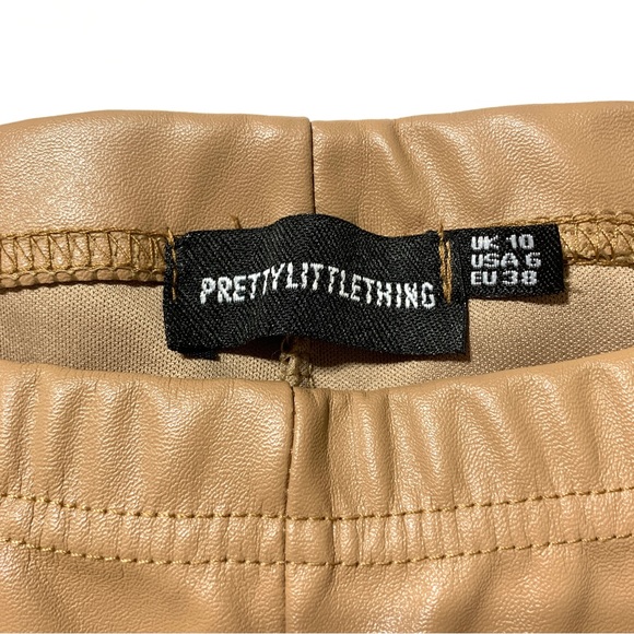 Pretty Little Thing Tan Faux Leather High Waist Pants Hemline Slits Sz 6 - Picture 5 of 12